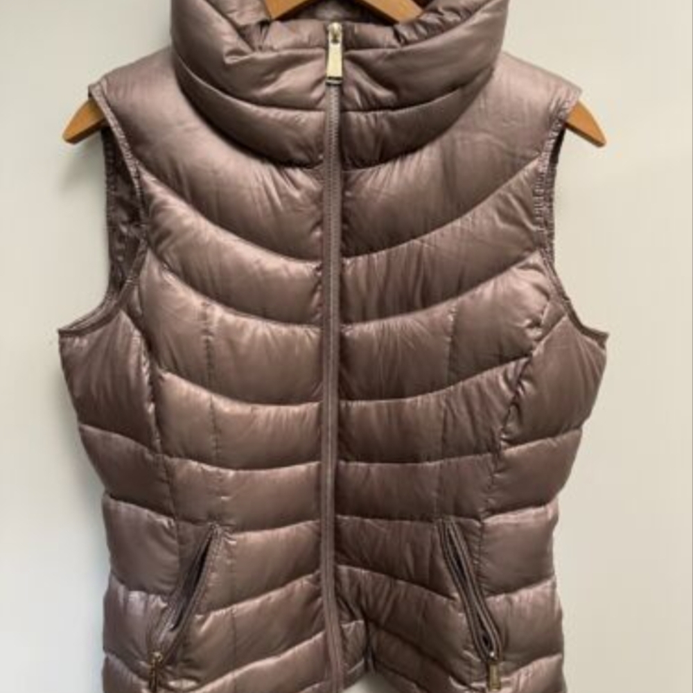 Calvin Klein Taupe Quilted Puffer Vest with High Collar and Fitted Silhouette